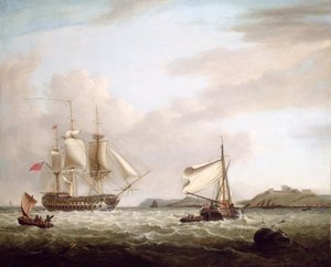 Un navire de guerre anglais au large du château de Pendennis, Falmouth 1801
